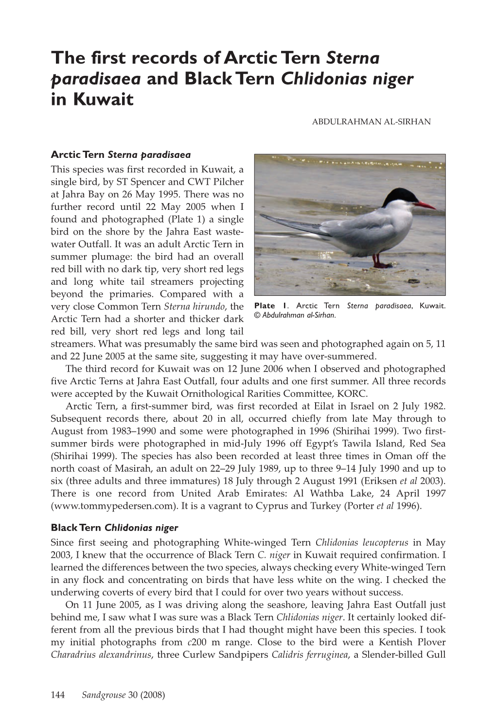 The First Records of Arctic Tern Sterna Paradisaea and Black Tern Chlidonias Niger Inkuwait