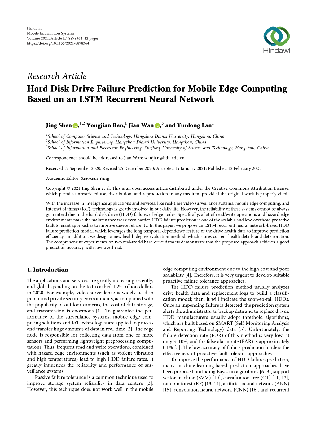 Hard Disk Drive Failure Prediction for Mobile Edge Computing Based on an LSTM Recurrent Neural Network