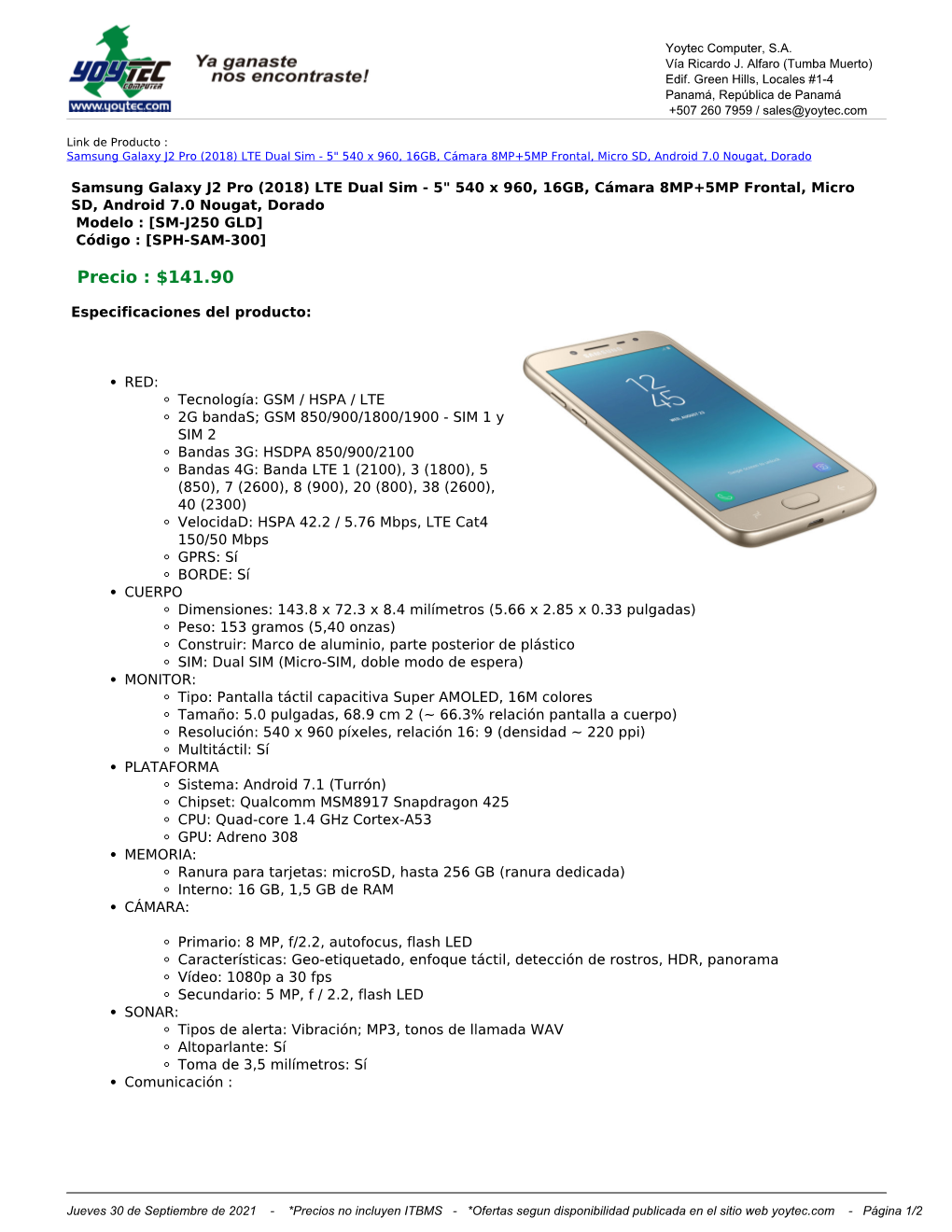 Samsung Galaxy J2 Pro (2018) LTE Dual Sim - 5" 540 X 960, 16GB, Cámara 8MP+5MP Frontal, Micro SD, Android 7.0 Nougat, Dorado