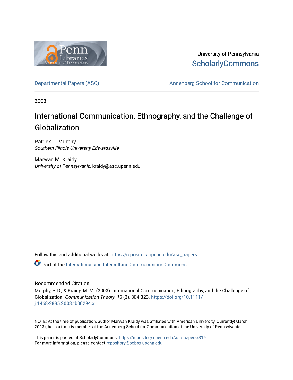 International Communication, Ethnography, and the Challenge of Globalization