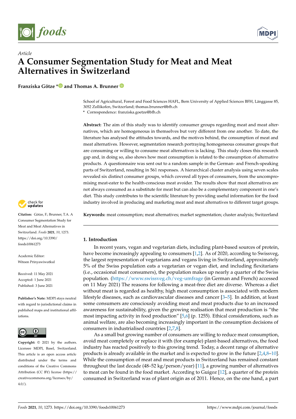 A Consumer Segmentation Study for Meat and Meat Alternatives in Switzerland