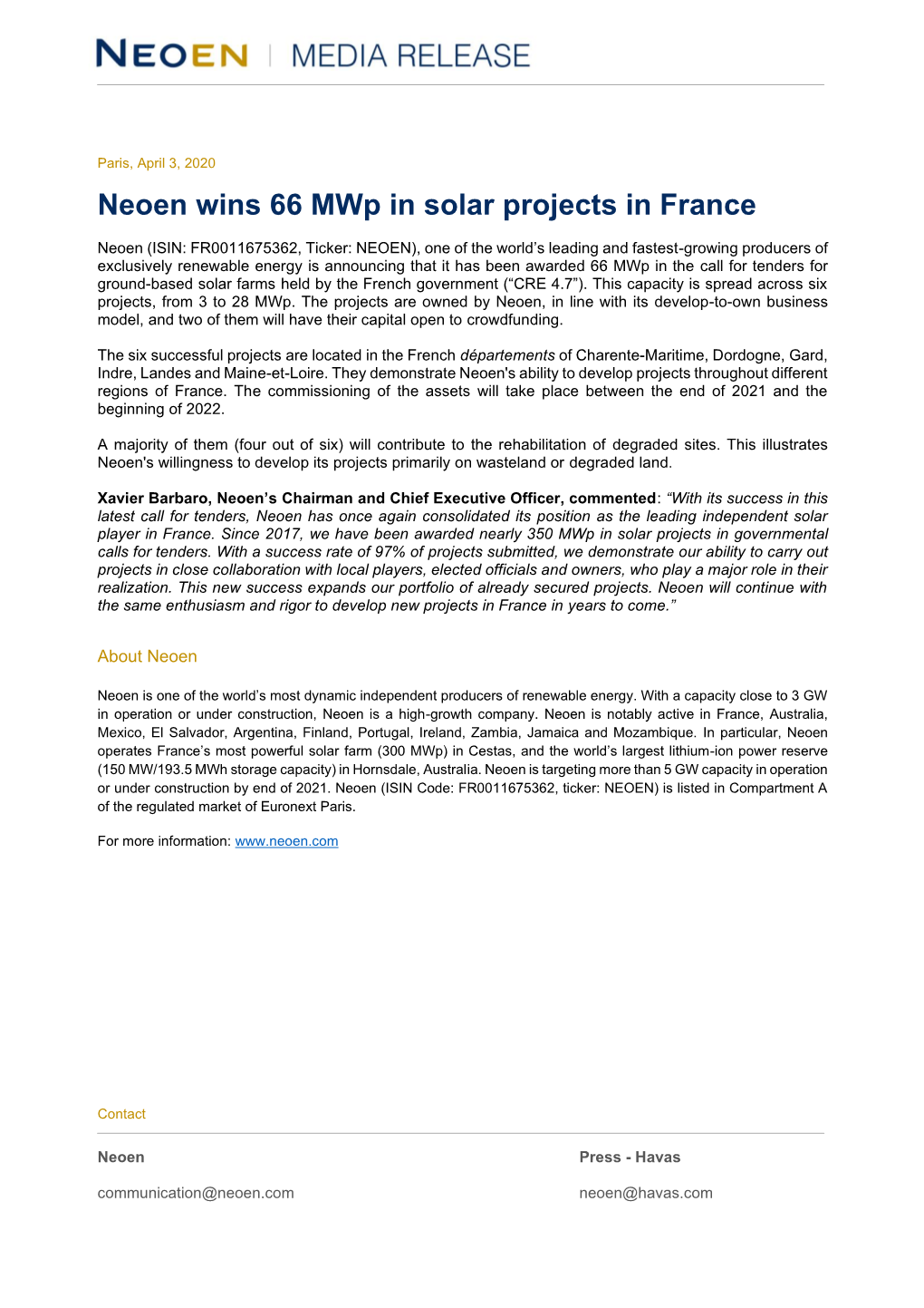 Neoen Wins 66 Mwp in Solar Projects in France