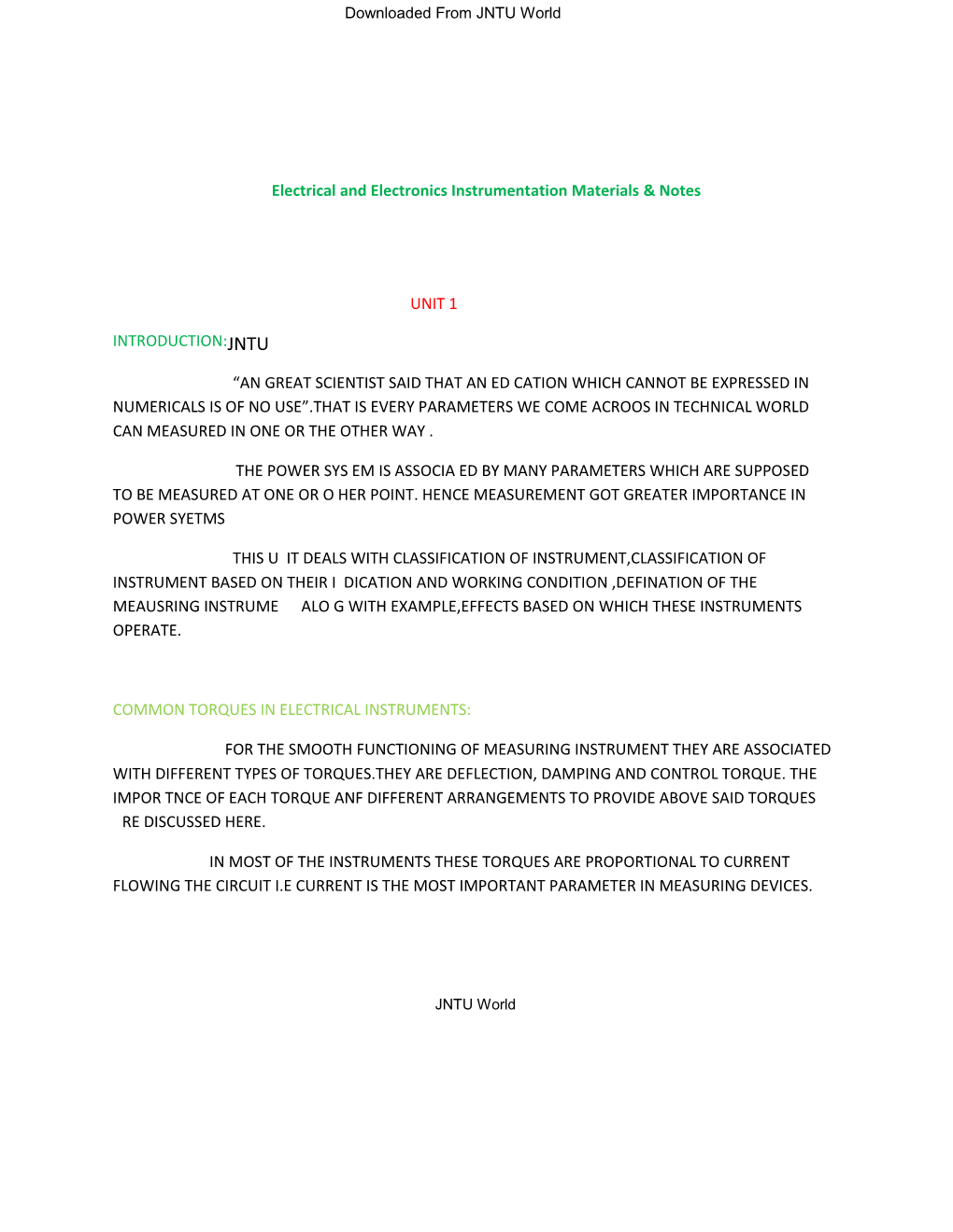 Electrical and Electronics Instrumentation Materials & Notes