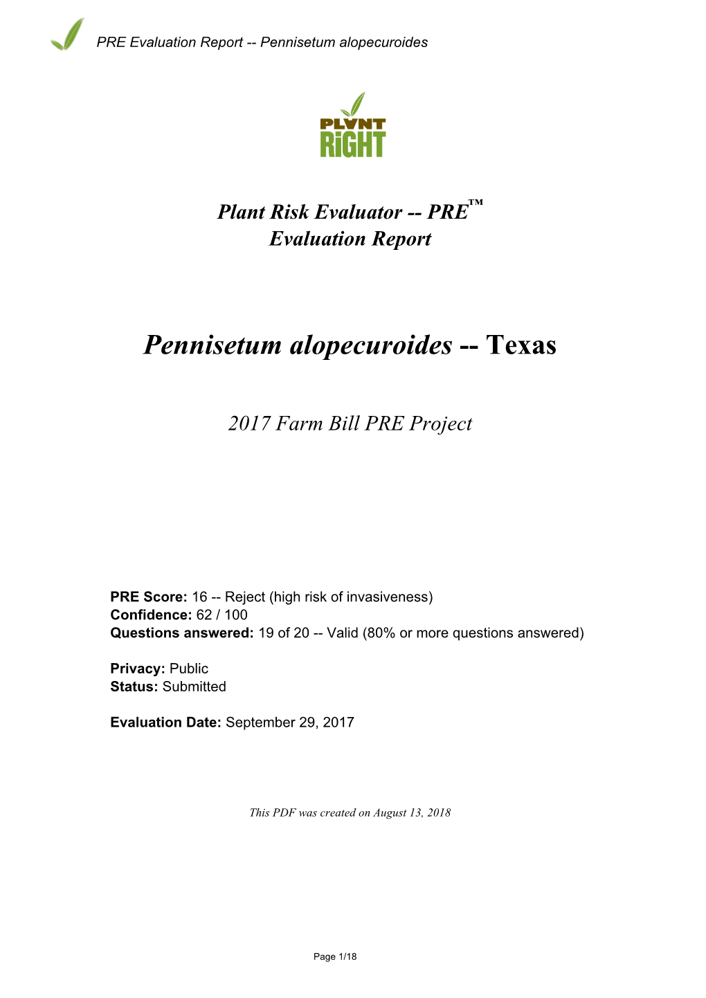PRE Evaluation Report for Pennisetum Alopecuroides