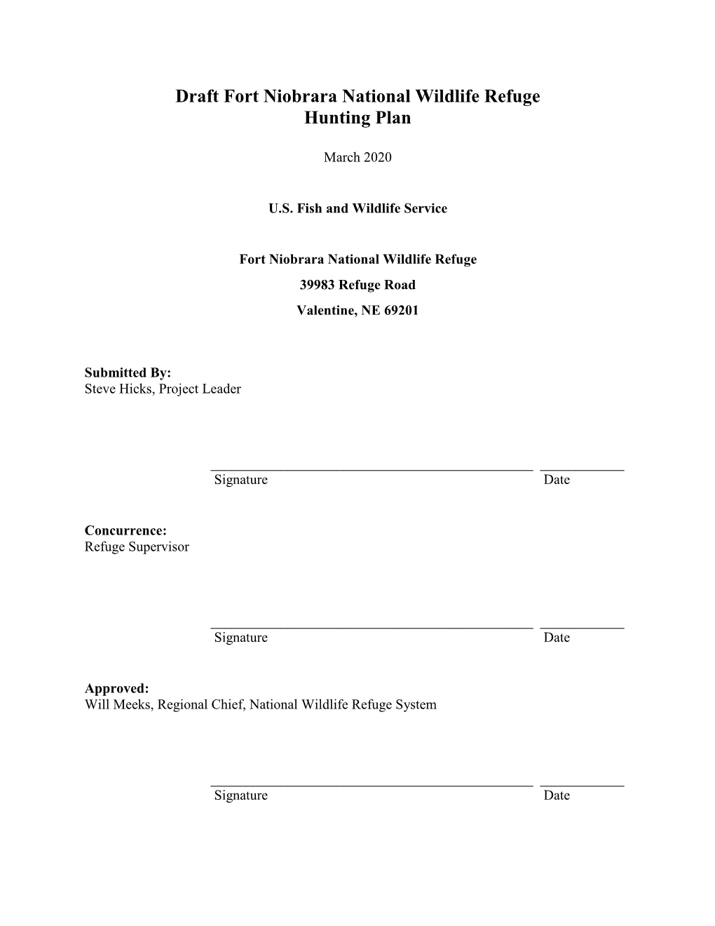 Draft Fort Niobrara National Wildlife Refuge Hunting Plan