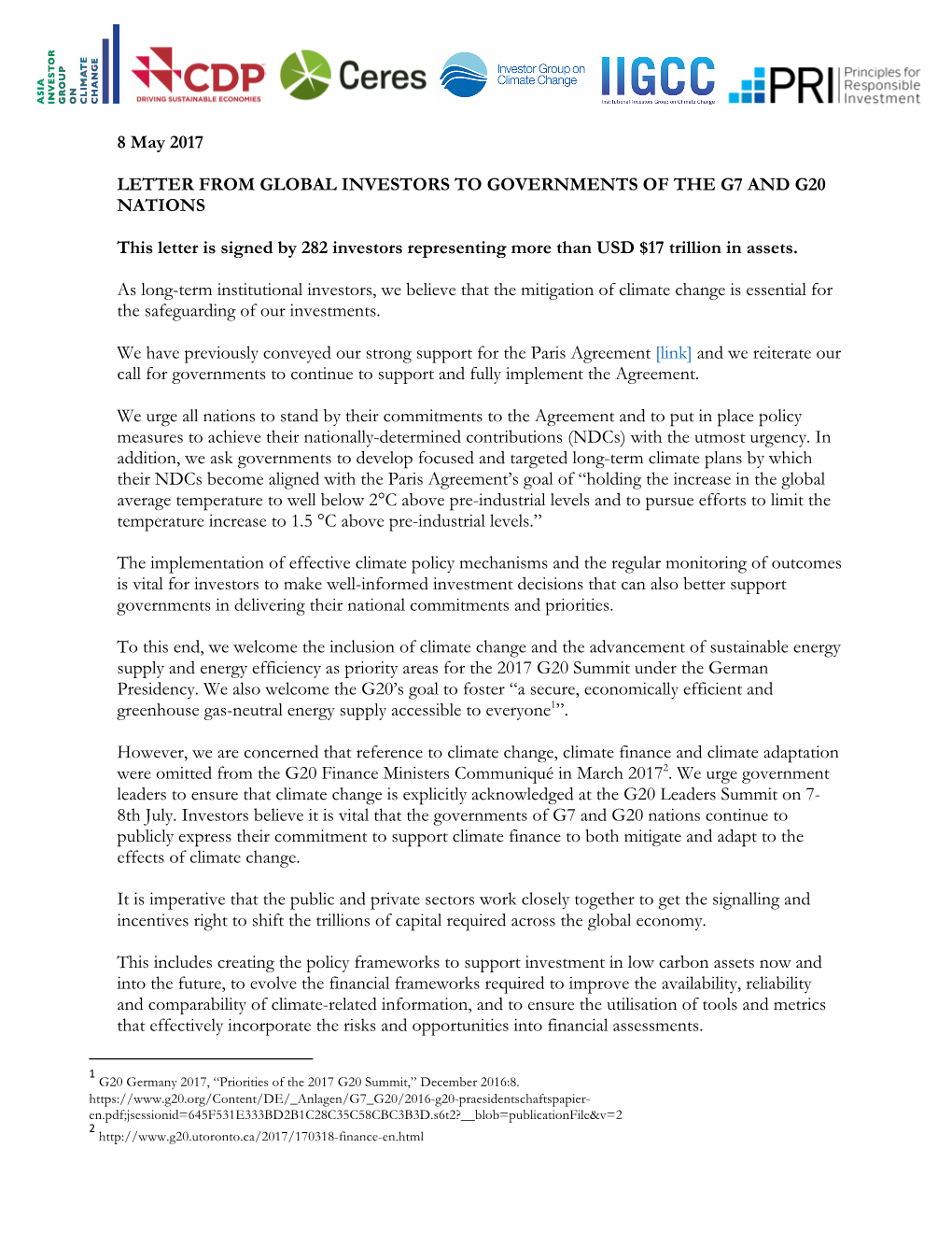 8 May 2017 LETTER from GLOBAL INVESTORS to GOVERNMENTS