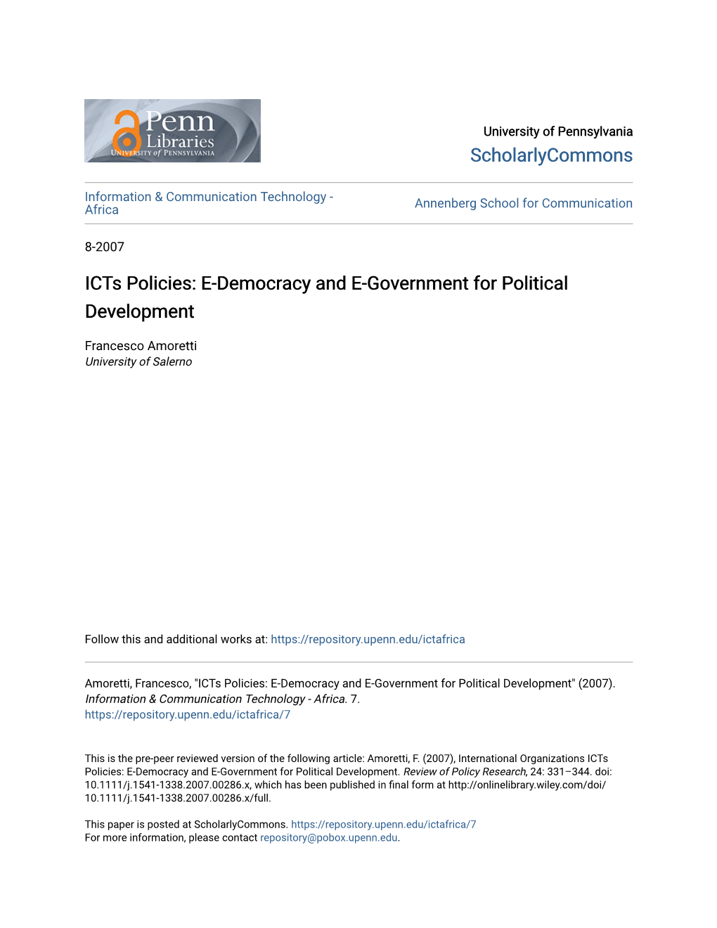 Icts Policies: E-Democracy and E-Government for Political Development