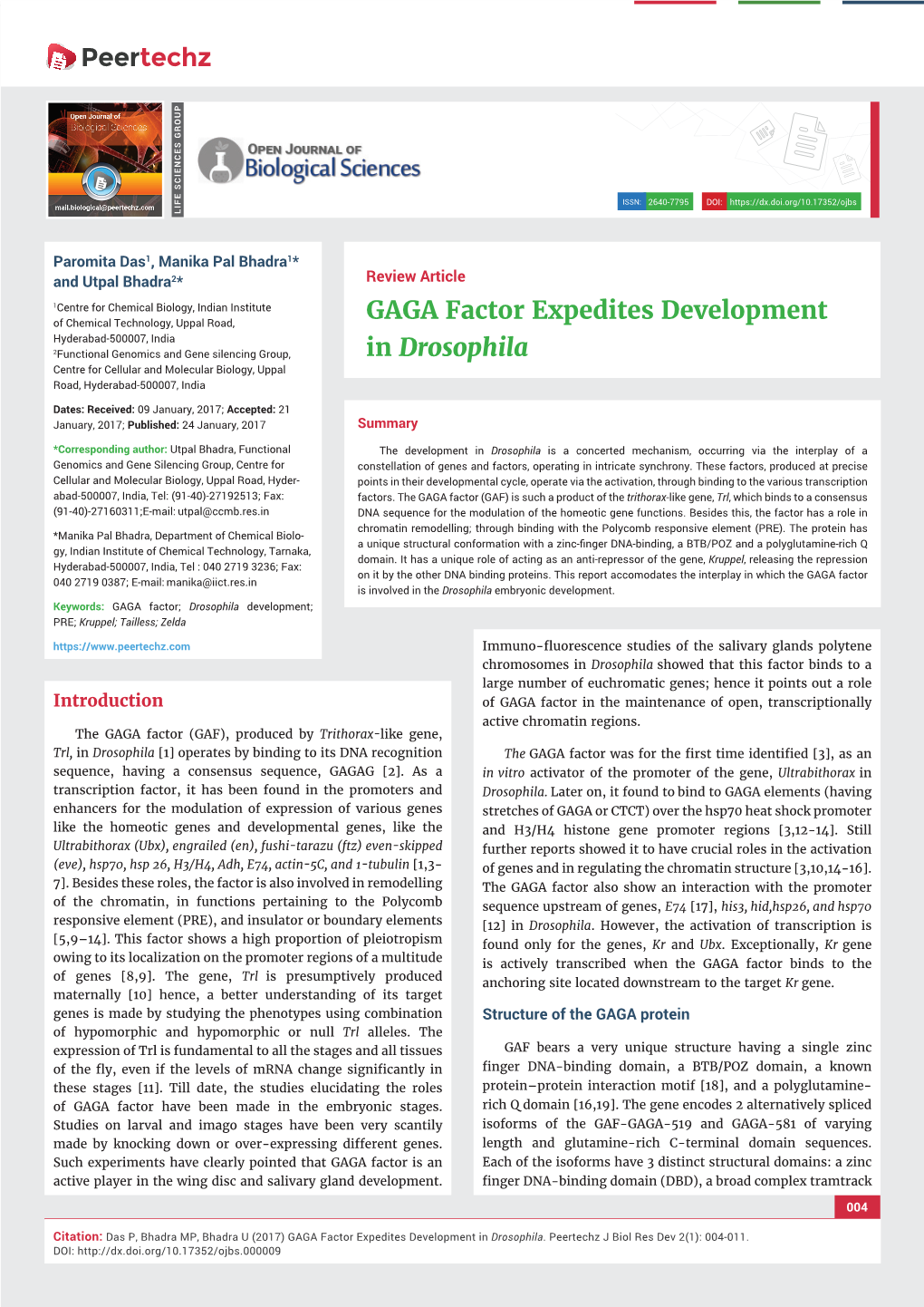 GAGA Factor Expedites Development in Drosophila