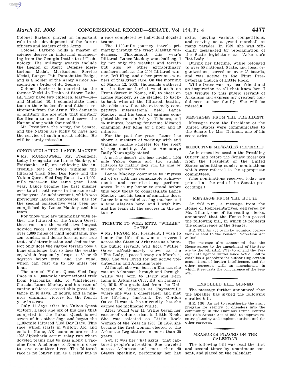 CONGRESSIONAL RECORD—SENATE, Vol. 154, Pt. 4 March 31