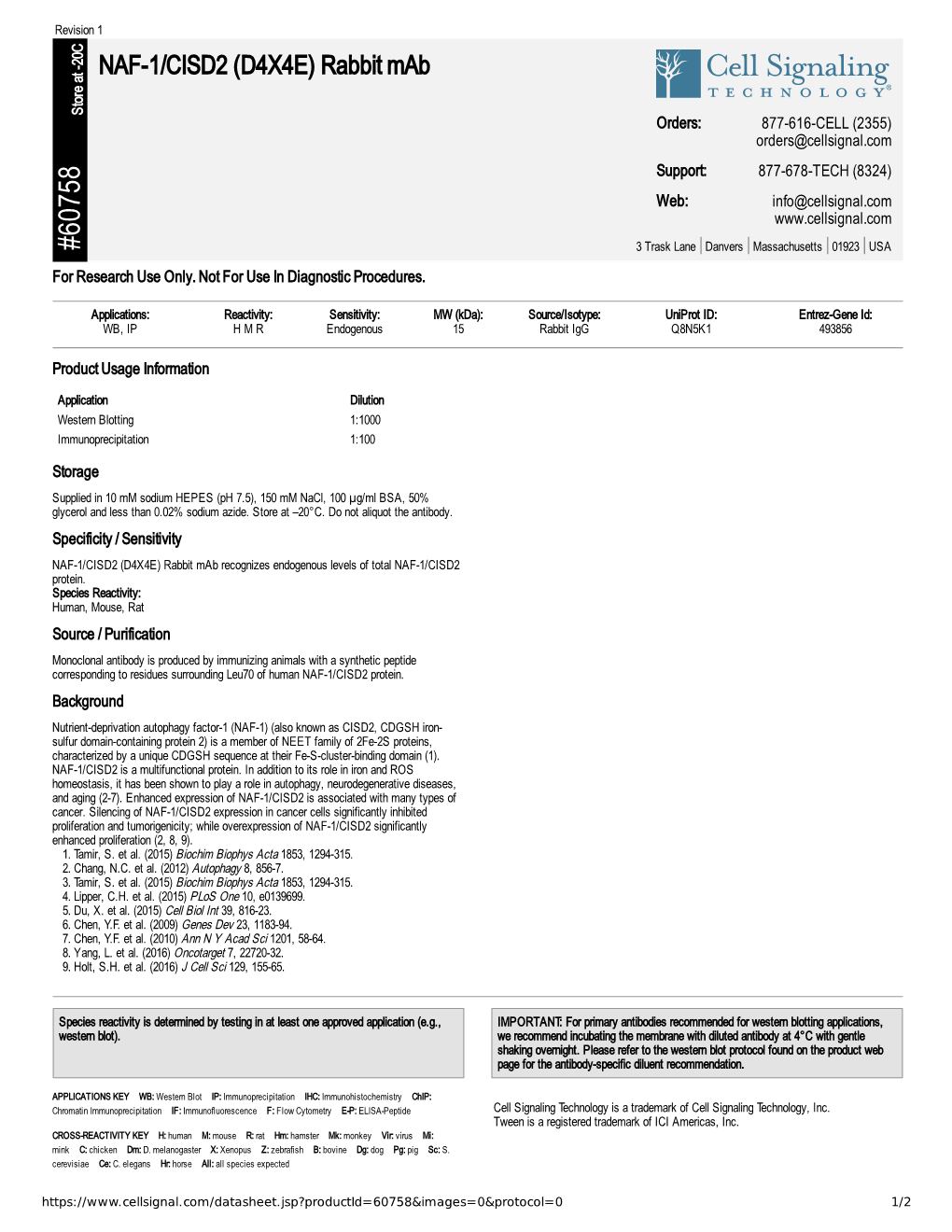 60758 NAF-1/CISD2 (D4X4E) Rabbit Mab