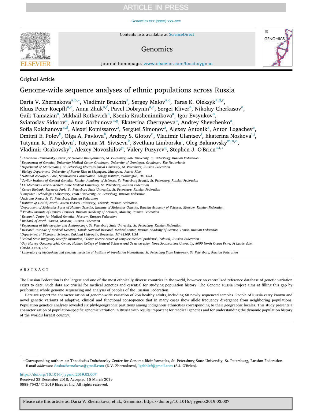 Genome-Wide Sequence Analyses of Ethnic Populations Across Russia ⁎ Daria V