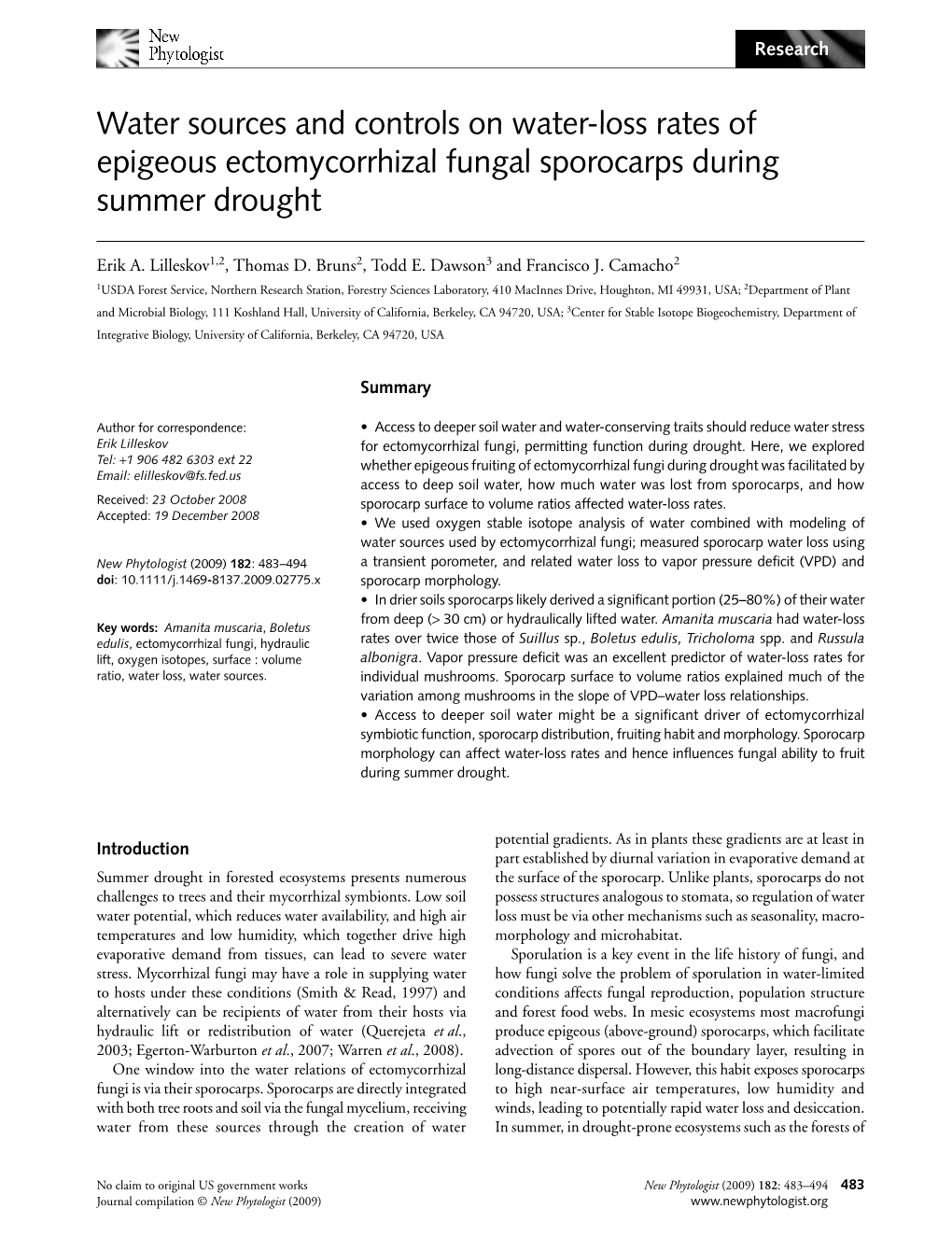 Water Sources and Controls on Water-Loss Rates of Epigeous Ectomycorrhizal Fungal Sporocarps During Summer Drought