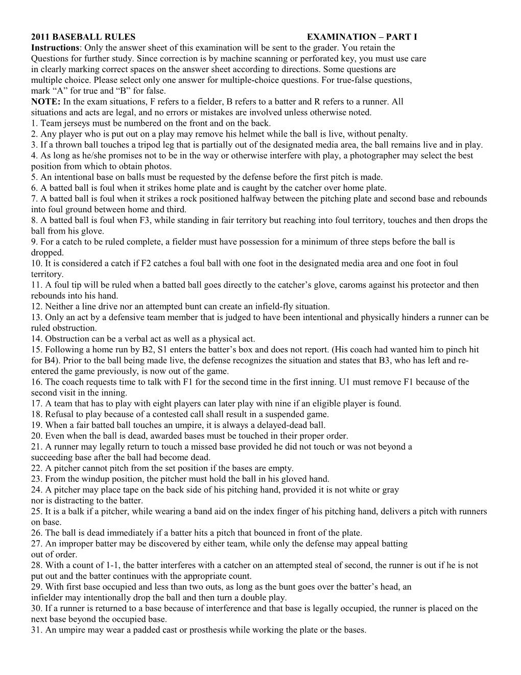 2011 Baseball Rules Examination Part I