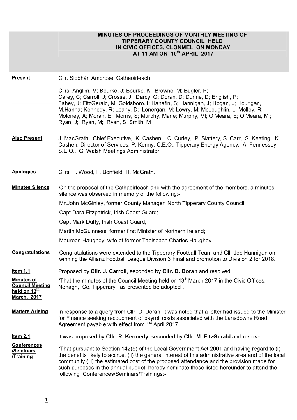 Minutes of Proceedings of Monthly Meeting of North