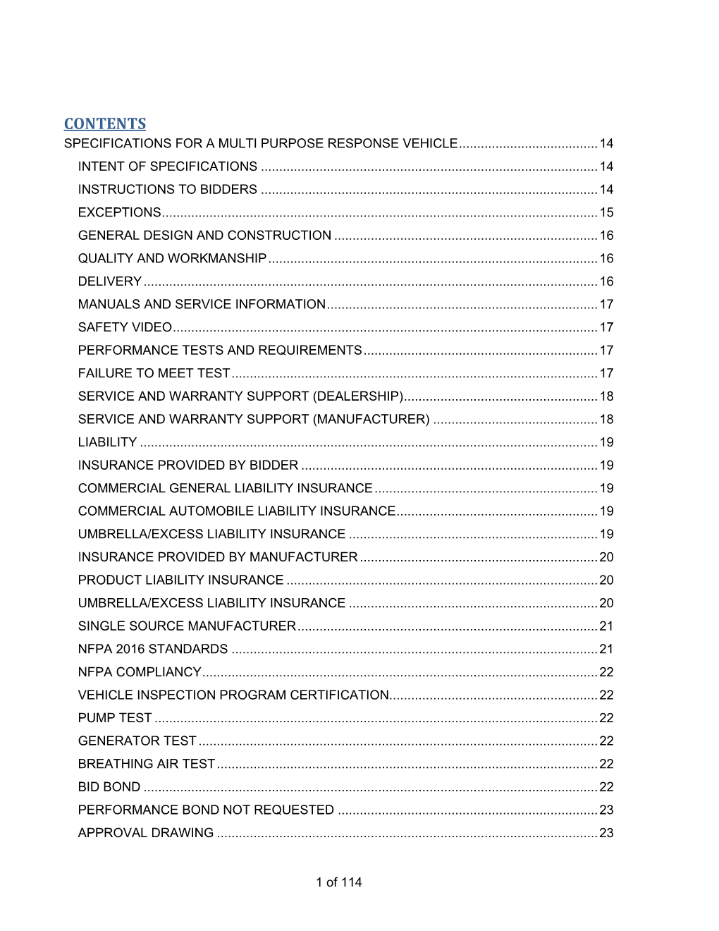 Contents Specifications for a Multi Purpose Response Vehicle