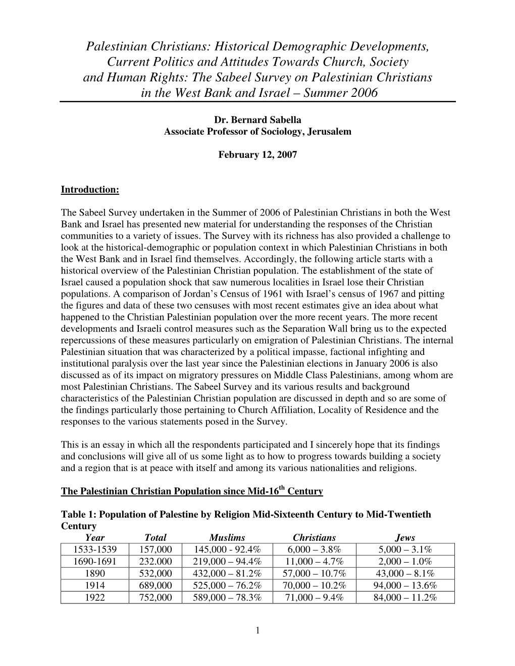 Palestinian Christians: Historical Demographic Developments, Current Politics and Attitudes Towards Church, Society and Human