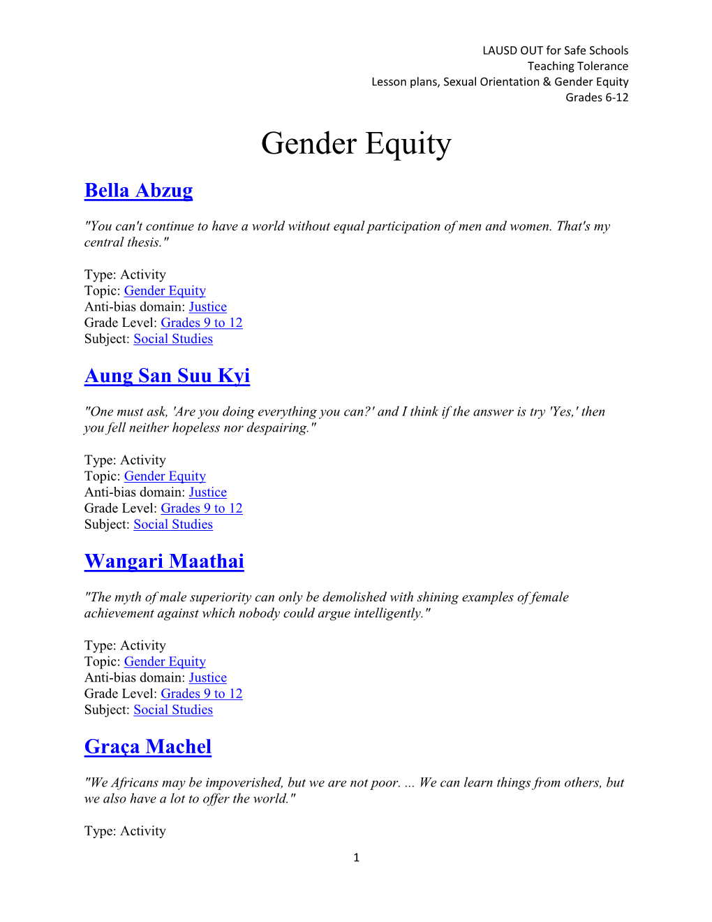 Lesson Plans, Sexual Orientation & Gender Equity, Grades 6-12