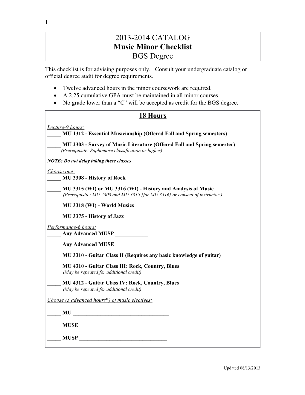 Music Minor Checklist