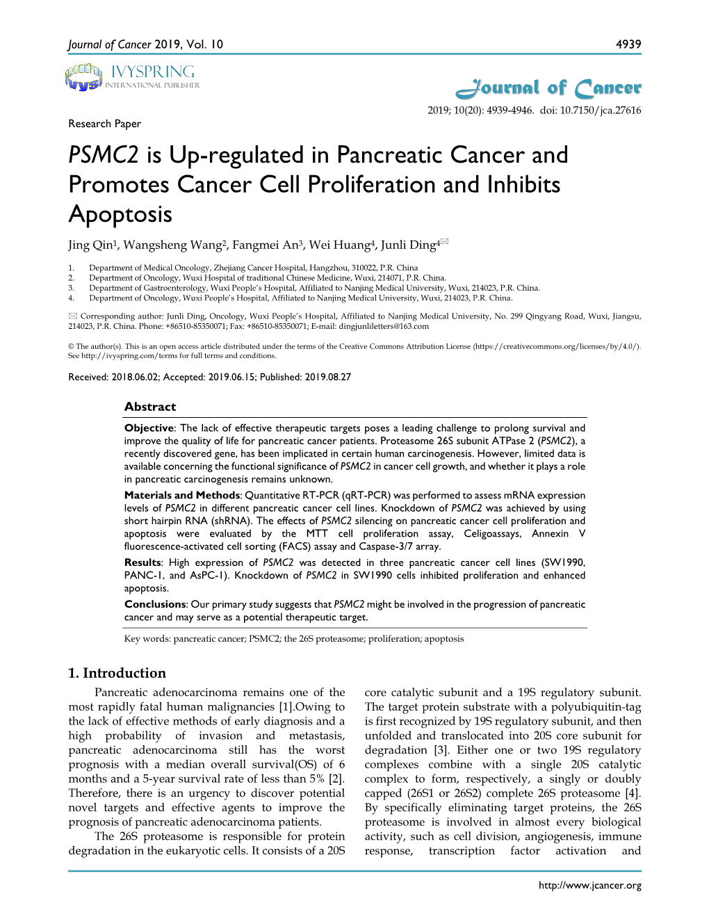 PSMC2 Is Up-Regulated in Pancreatic Cancer and Promotes Cancer Cell