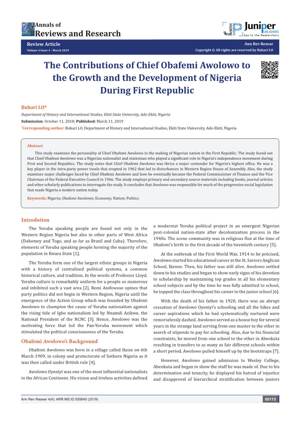 The Contributions of Chief Obafemi Awolowo to the Growth and the Development of Nigeria During First Republic