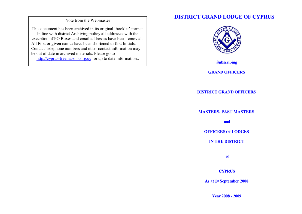 DISTRICT GRAND LODGE of CYPRUS Note from the Webmaster