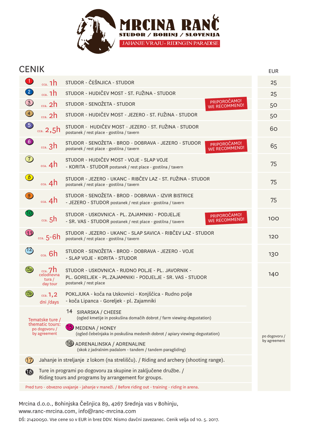 Mrcina D.O.O., Bohinjska Češnjica 89, 4267 Srednja Vas V Bohinju, Info@Ranc-Mrcina.Com DŠ: 21420050