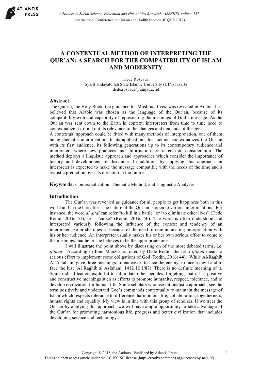 A Contextual Method of Interpreting the Qur’An: a Search for the Compatibility of Islam and Modernity