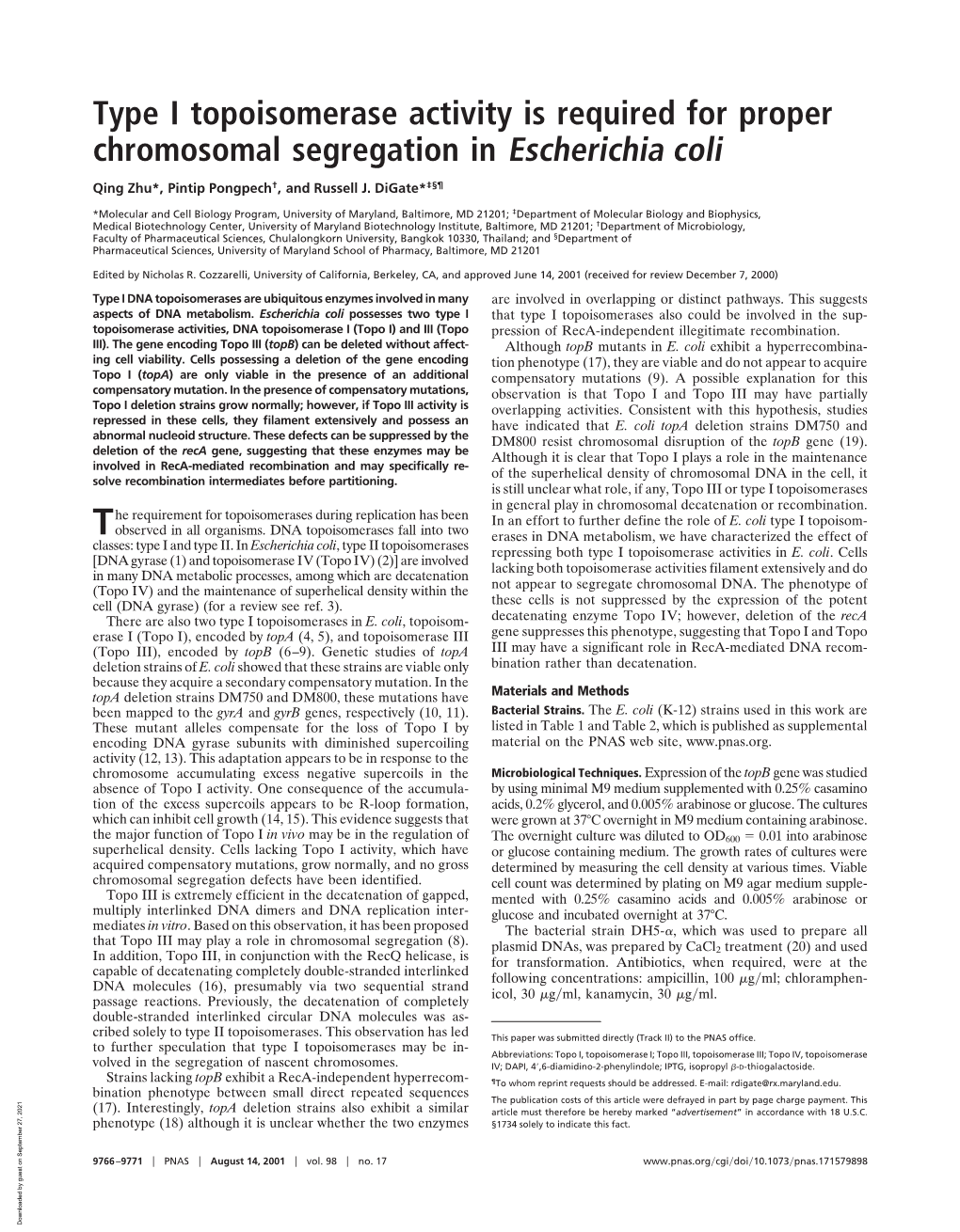 Type I Topoisomerase Activity Is Required for Proper Chromosomal Segregation in Escherichia Coli
