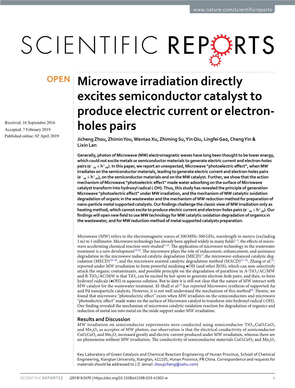 Microwave Irradiation Directly Excites Semiconductor Catalyst to Produce Electric Current Or Electron-Holes Pairs