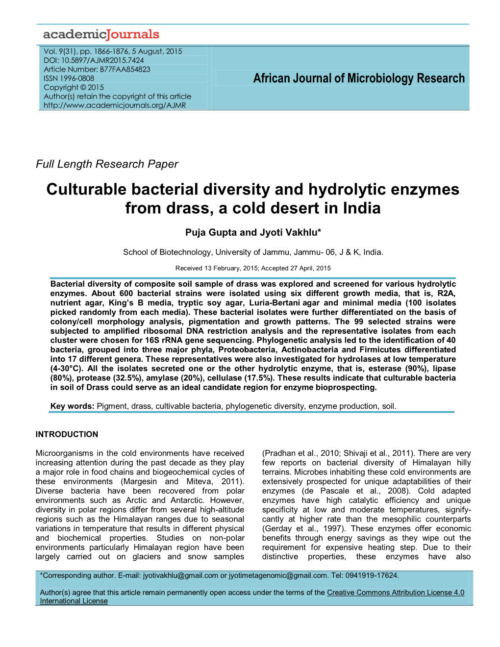 Culturable Bacterial Diversity and Hydrolytic Enzymes from Drass, a Cold Desert in India