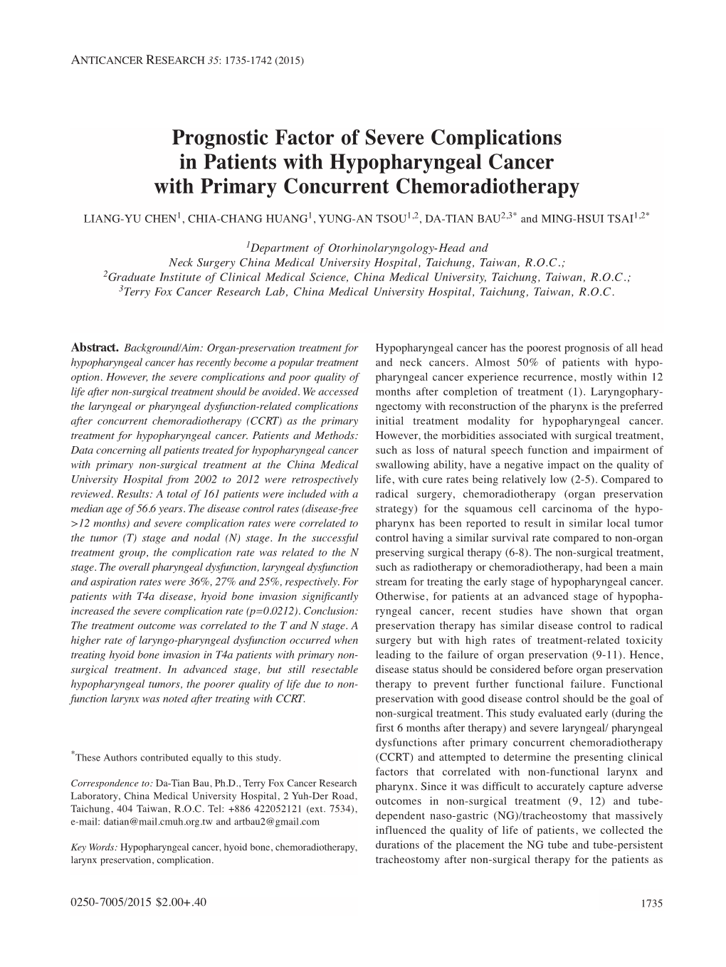 Prognostic Factor of Severe Complications in Patients with Hypopharyngeal Cancer with Primary Concurrent Chemoradiotherapy