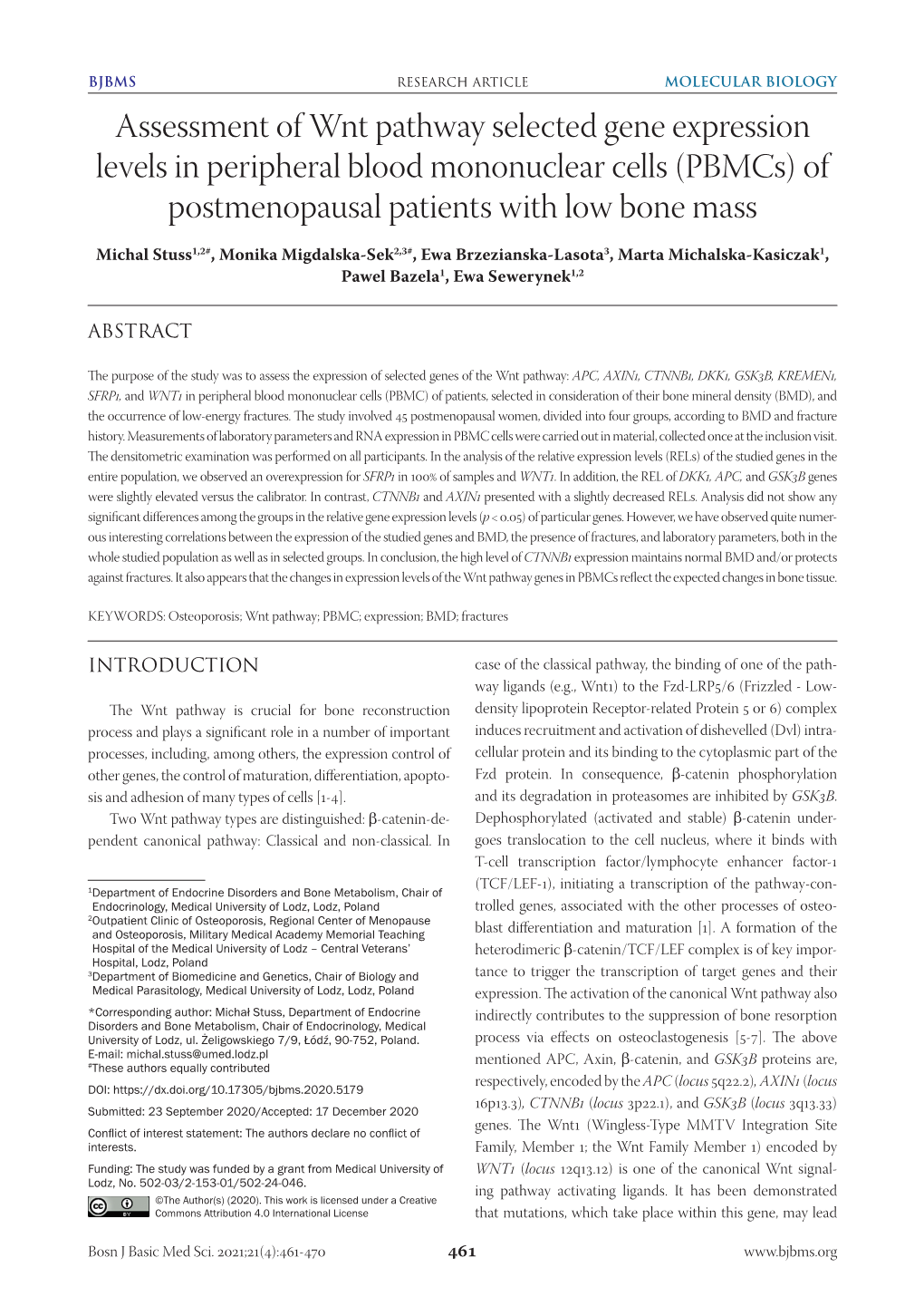 Assessment of Wnt Pathway Selected Gene Expression Levels in Peripheral Blood Mononuclear Cells (Pbmcs) of Postmenopausal Patients with Low Bone Mass
