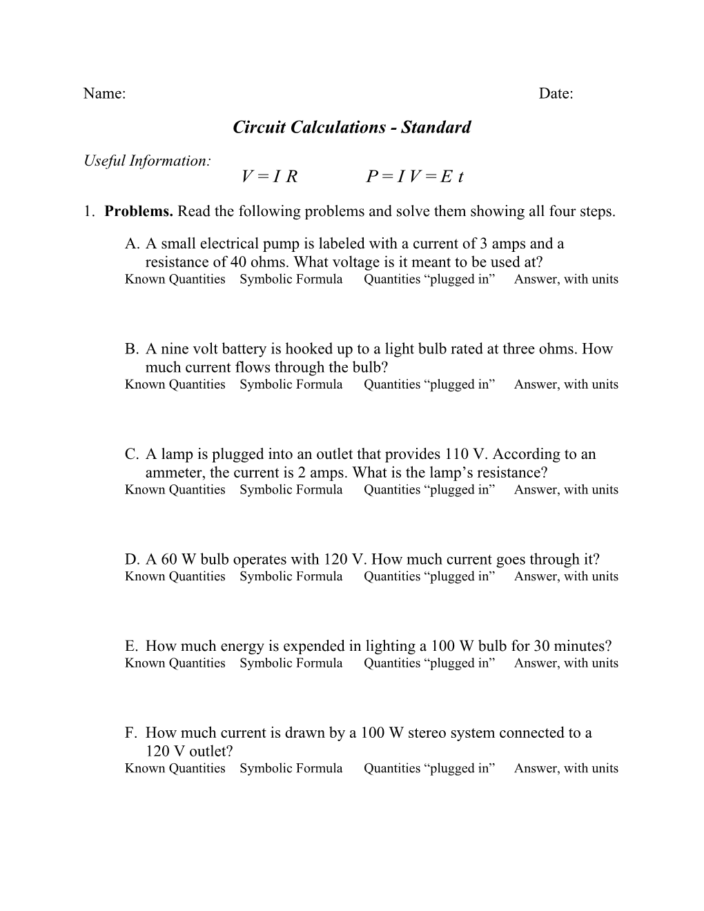 Circuit Calculations - Standard