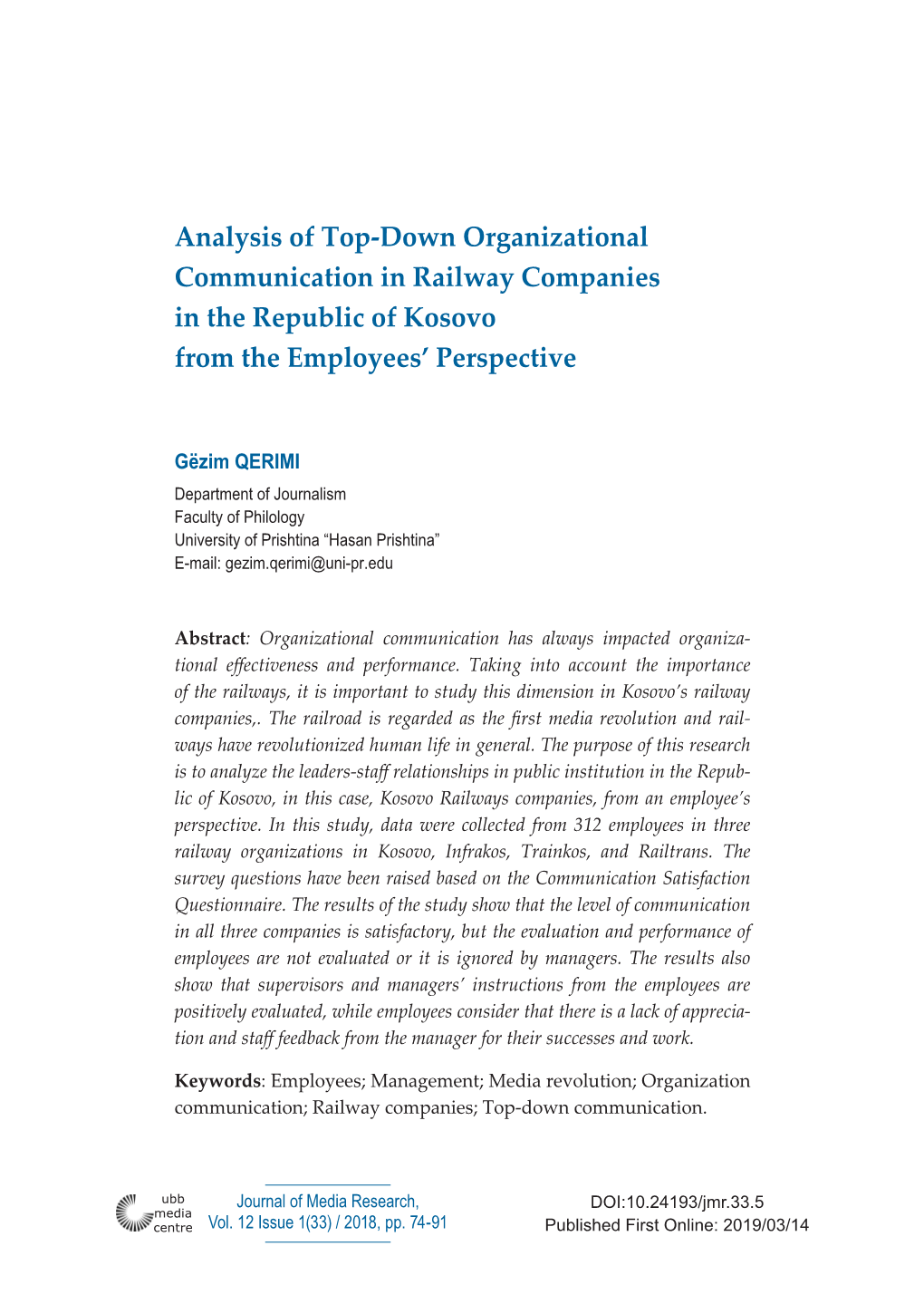 Analysis of Top-Down Organizational Communication in Railway Companies in the Republic of Kosovo from the Employees’ Perspective