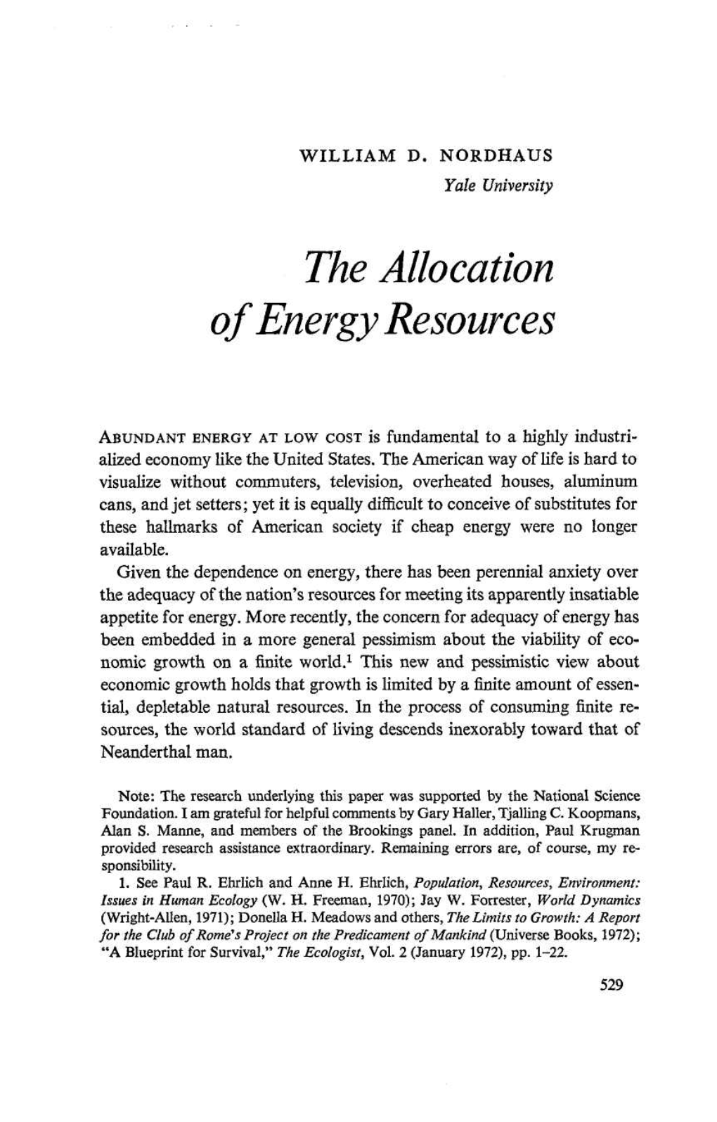 The Allocation of Energy Resources