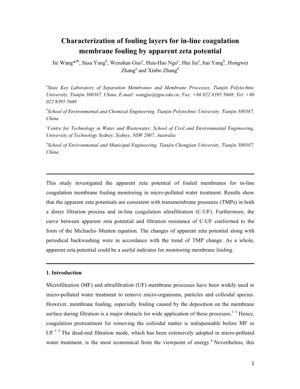 Characterization of Fouling Layers for In-Line Coagulation Membrane Fouling