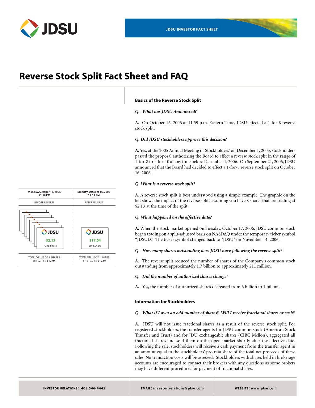 Reverse Stock Split Fact Sheet and FAQ