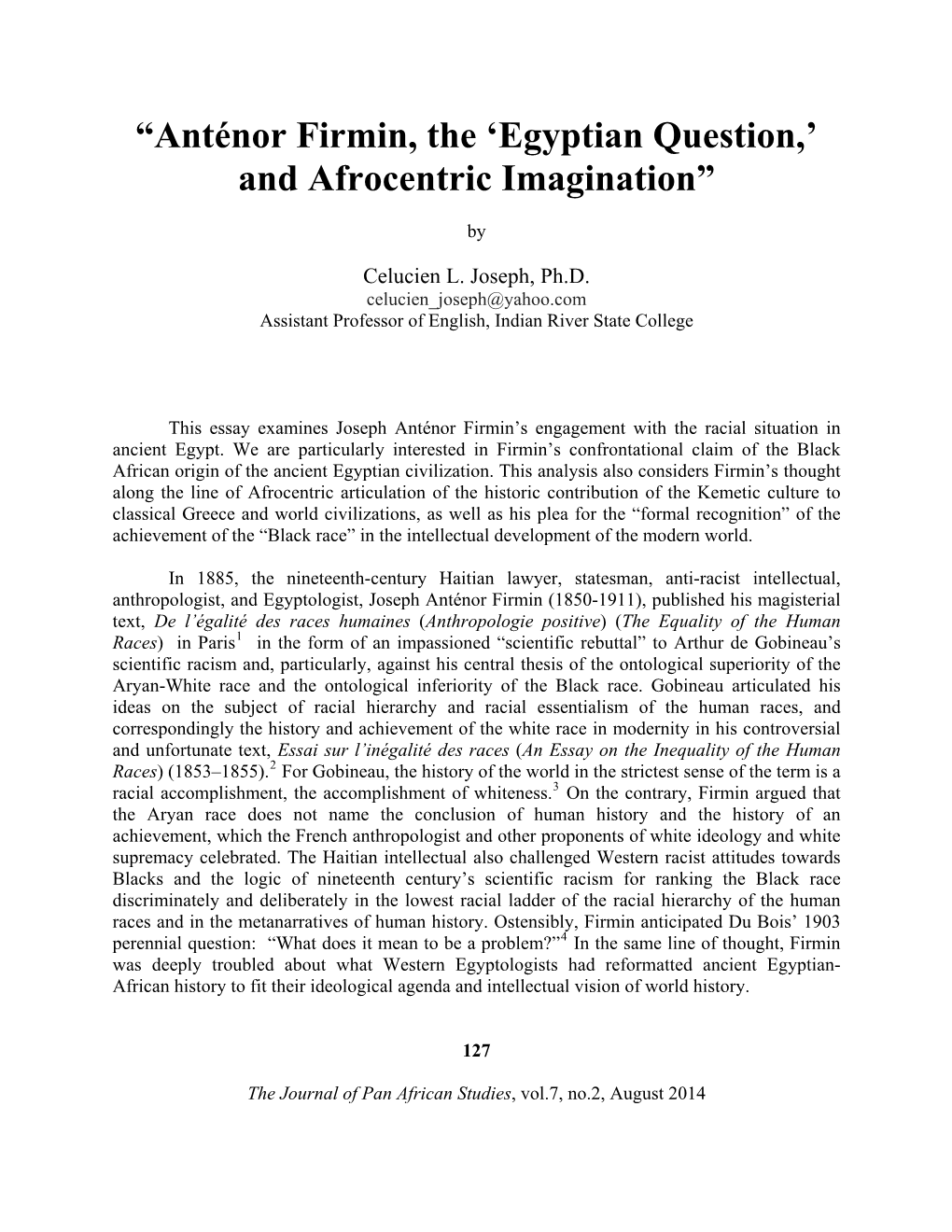 “Anténor Firmin, the 'Egyptian Question,' and Afrocentric Imagination”