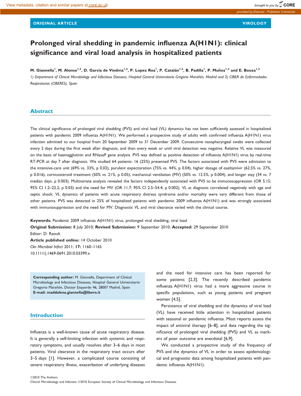 Prolonged Viral Shedding in Pandemic Influenza A(H1N1): Clinical