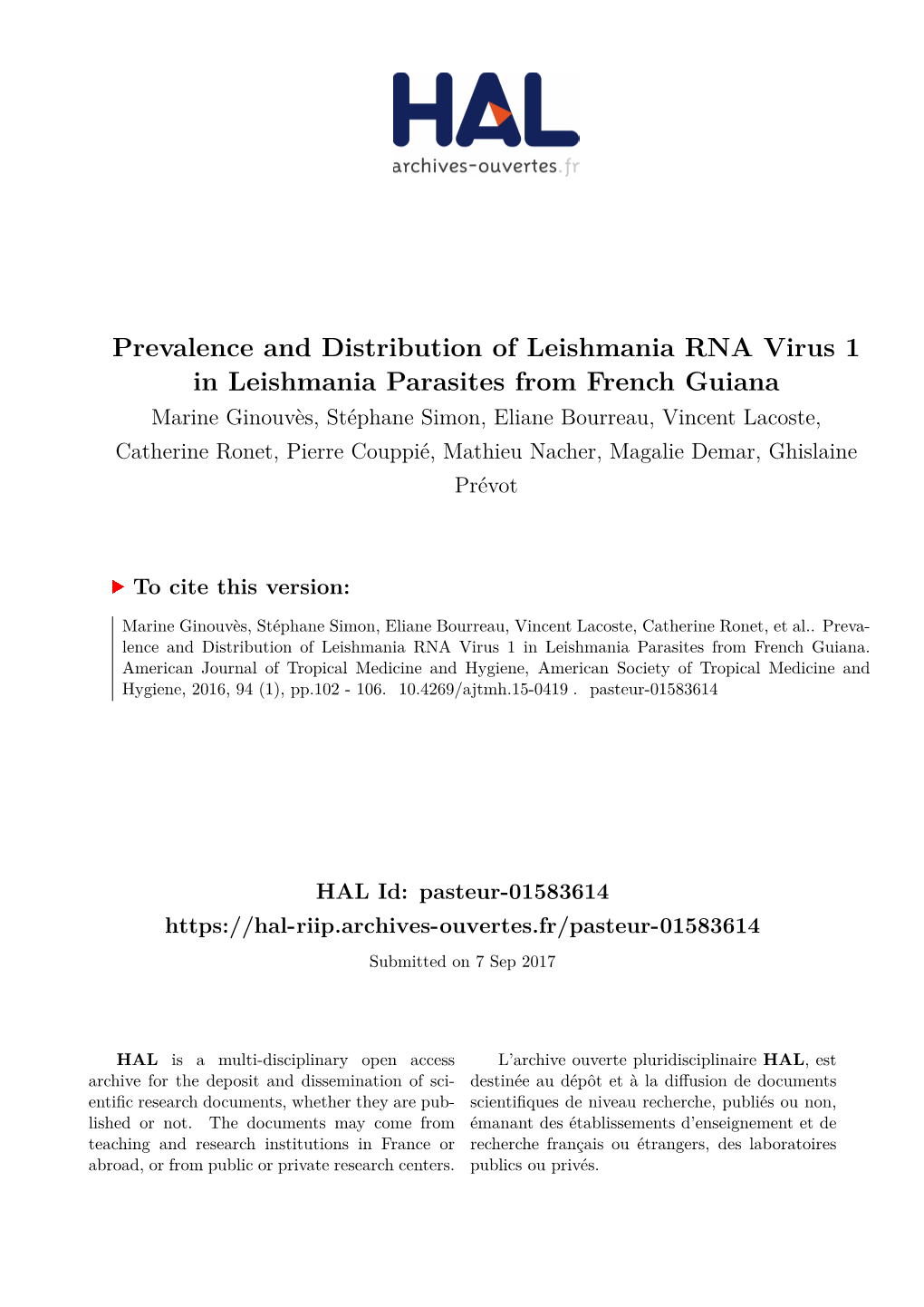 Prevalence and Distribution of Leishmania RNA Virus 1 In