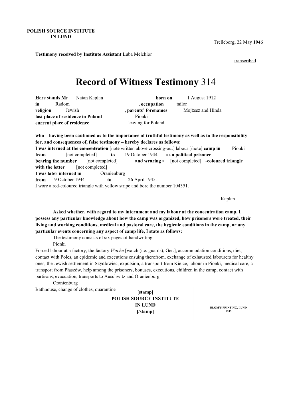 Record of Witness Testimony 314