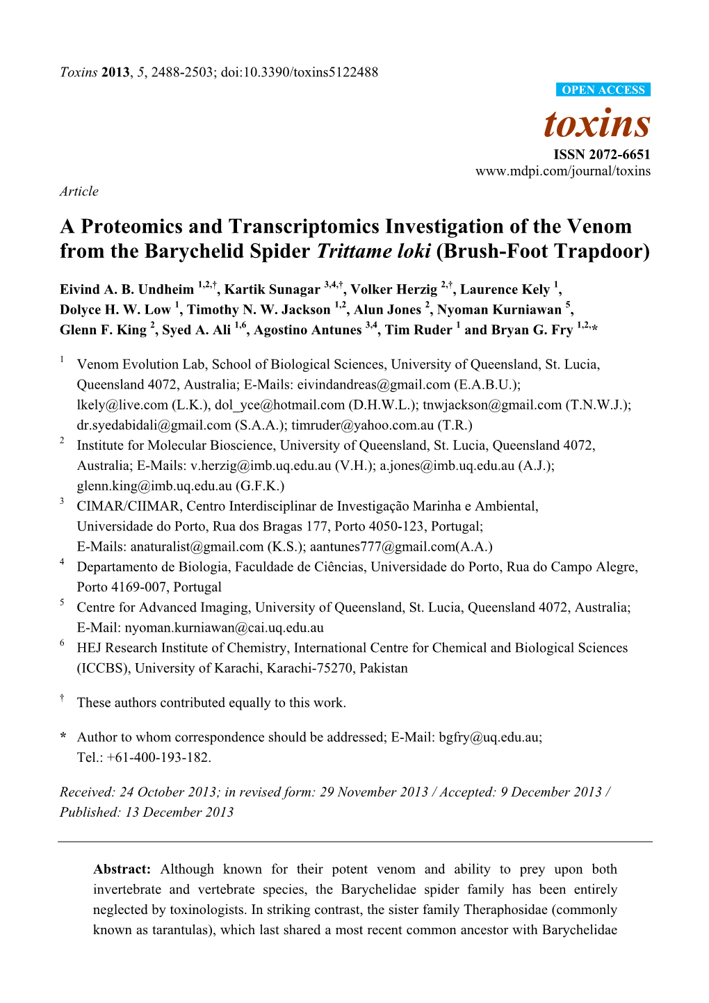 A Proteomics and Transcriptomics Investigation of the Venom from the Barychelid Spider Trittame Loki (Brush-Foot Trapdoor)