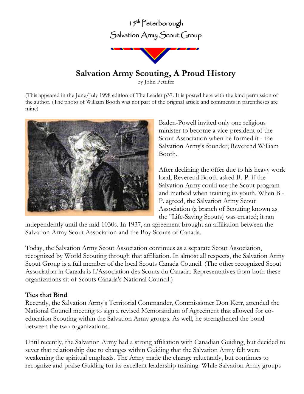 Salvation Army Scouting, a Proud History by John Pettifer