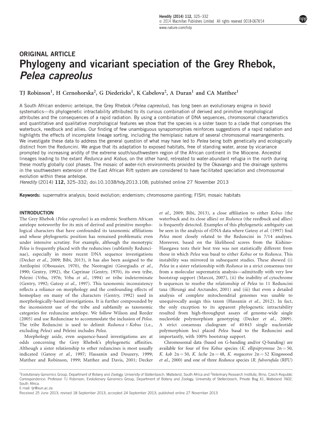 Phylogeny and Vicariant Speciation of the Grey Rhebok, Pelea Capreolus