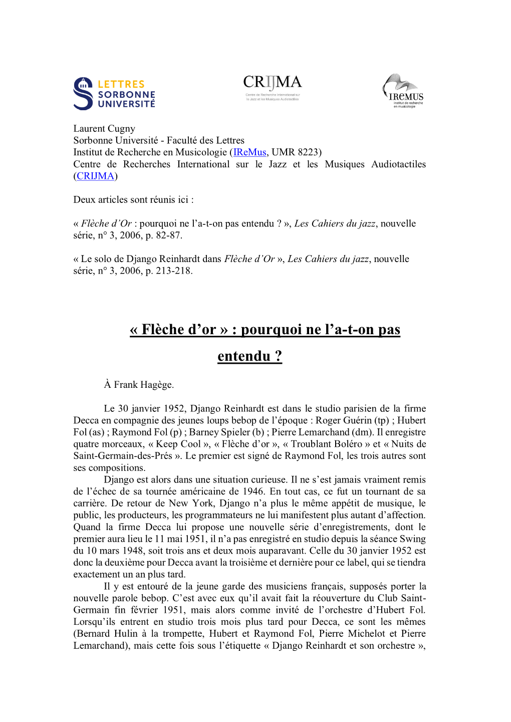 Le Solo De Django Reinhardt Dans Flèche D’Or », Les Cahiers Du Jazz, Nouvelle Série, N° 3, 2006, P