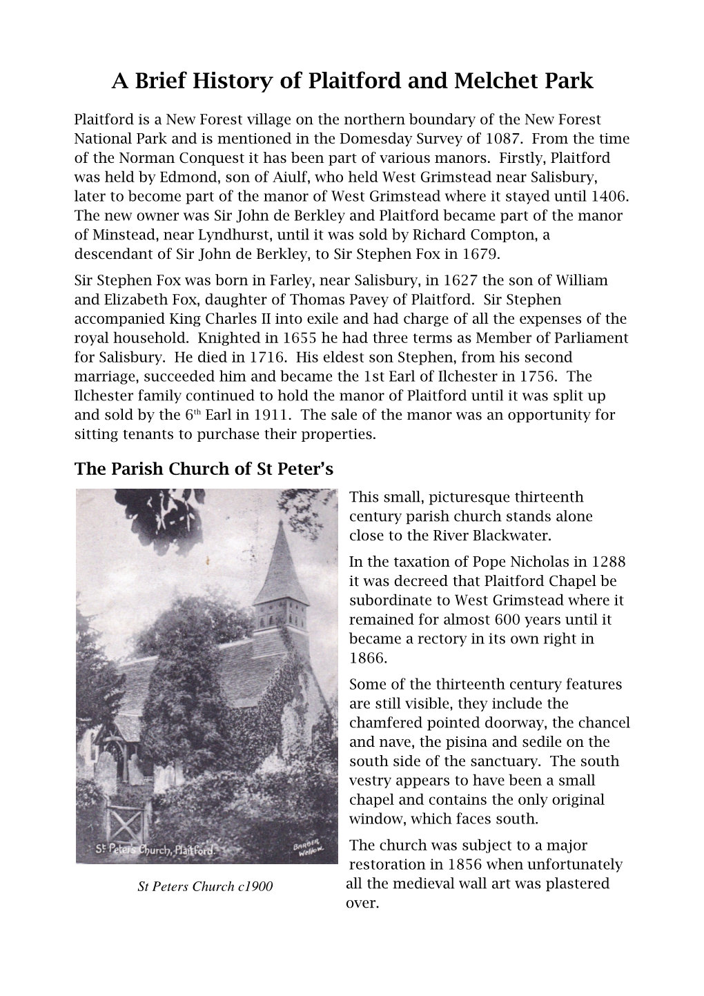 A Brief History of Plaitford and Melchet Park