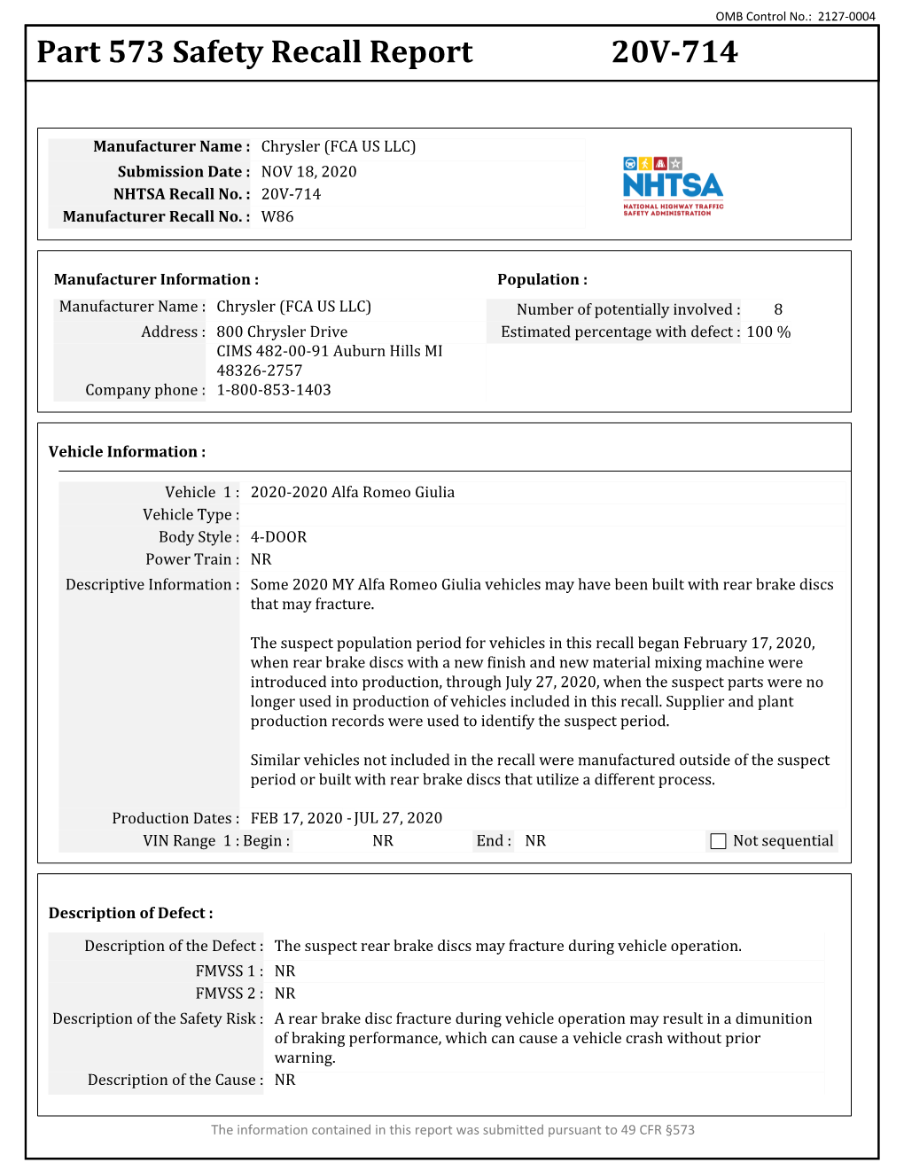 Part 573 Safety Recall Report 20V-714