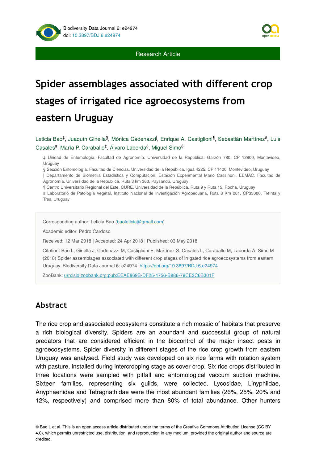 Spider Assemblages Associated with Different Crop Stages of Irrigated Rice Agroecosystems from Eastern Uruguay