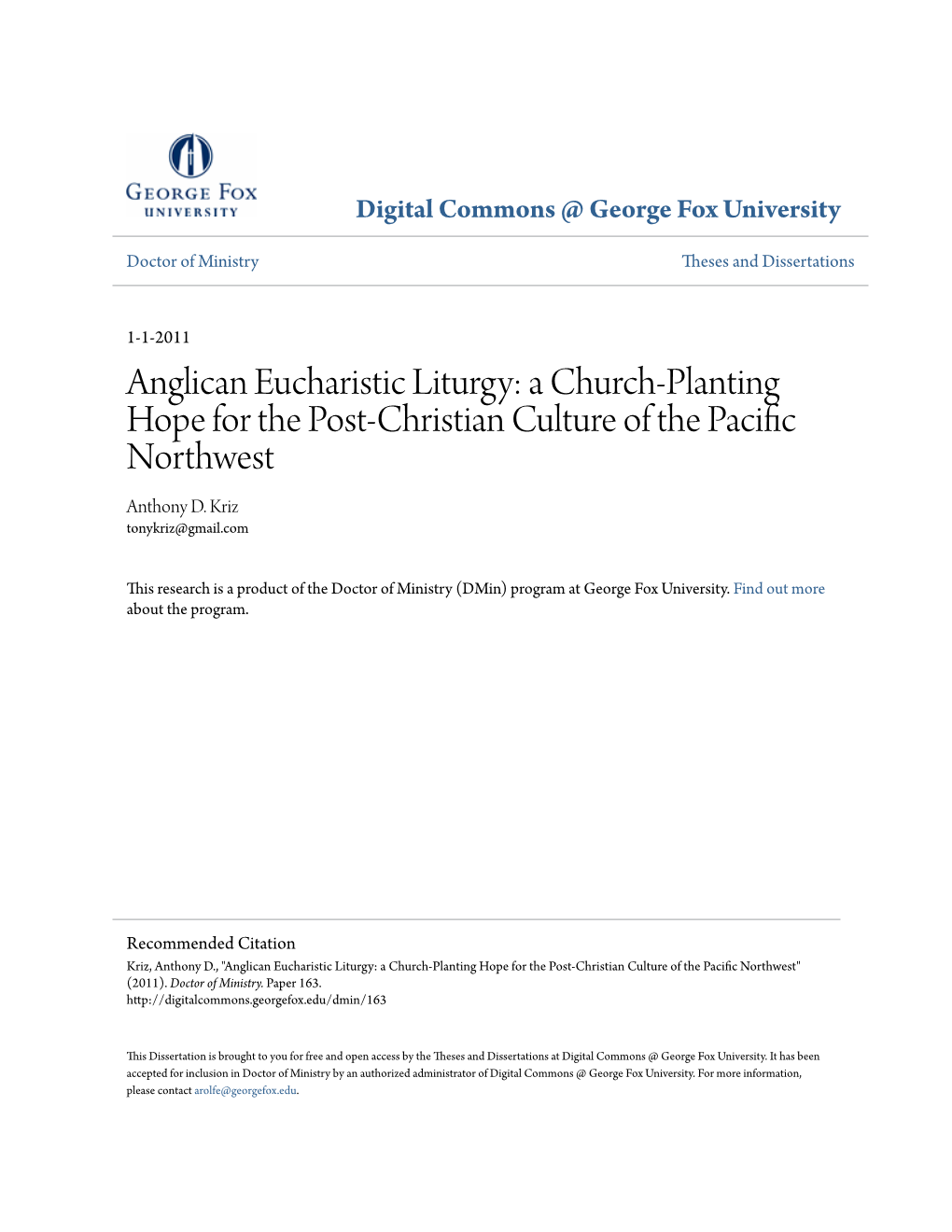 Anglican Eucharistic Liturgy: a Church-Planting Hope for the Post-Christian Culture of the Pacific Northwest Anthony D