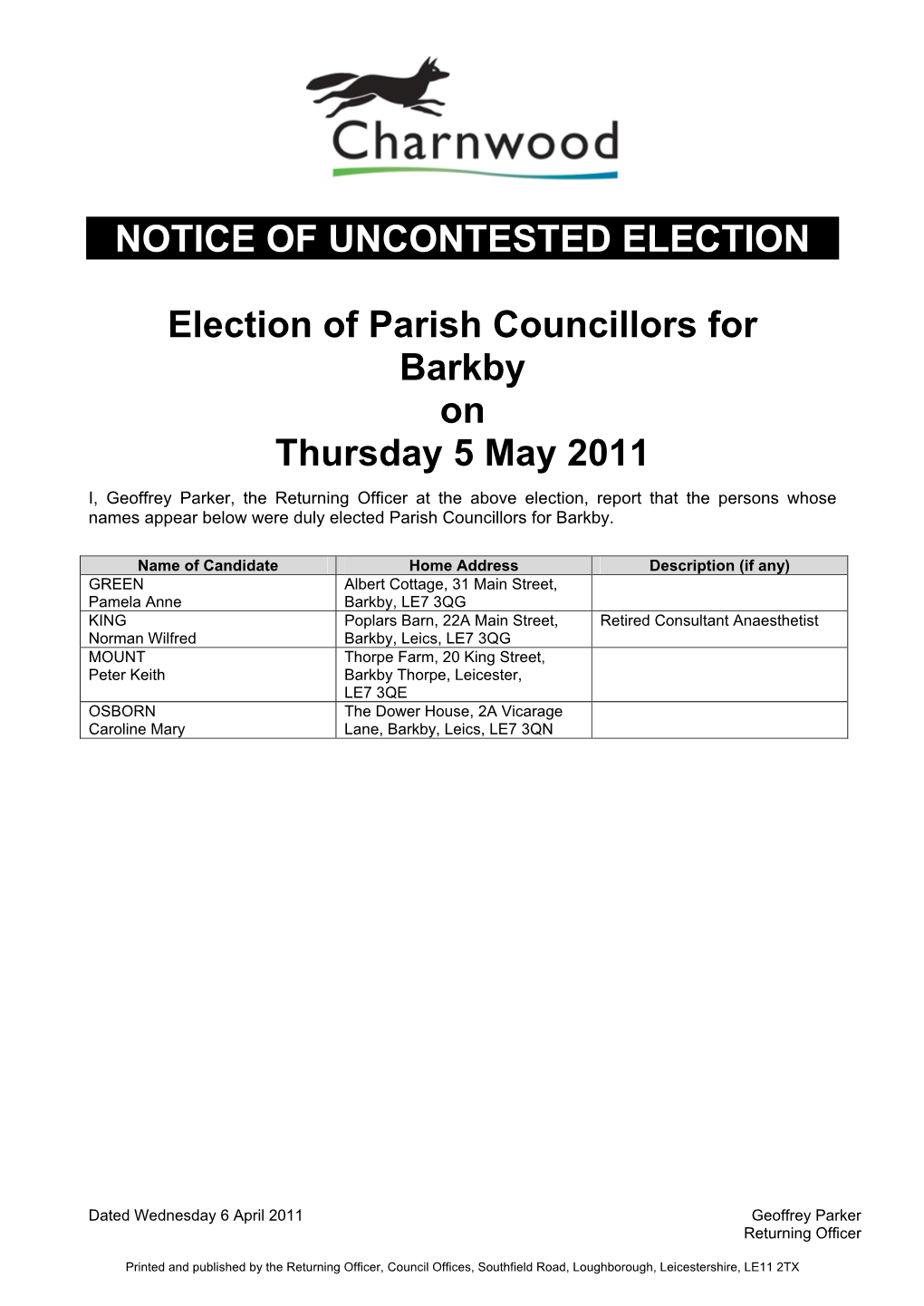 NOTICE of UNCONTESTED ELECTION Election of Parish